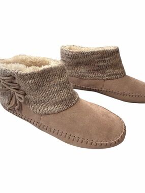 Air Walk Cozy Knit-Cuff Suede Slipper Booties - Beige-Size 13